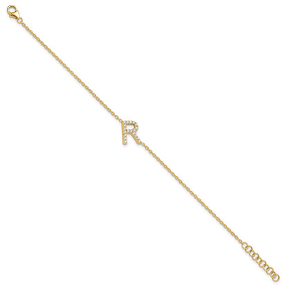 14k Yellow Gold Natural Diamond Sideways Letter R w/ 1in ext. Bracelet