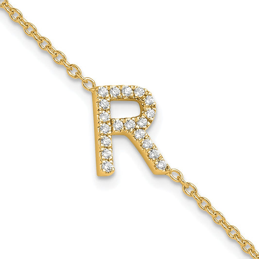 14k Yellow Gold Natural Diamond Sideways Letter R w/ 1in ext. Bracelet