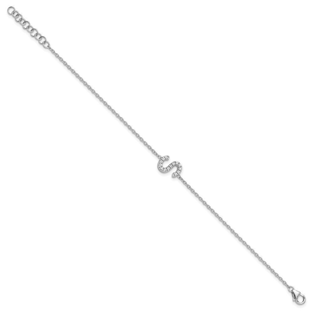 14KW Natural Diamond Sideways Letter S w/ 1in ext. Bracelet
