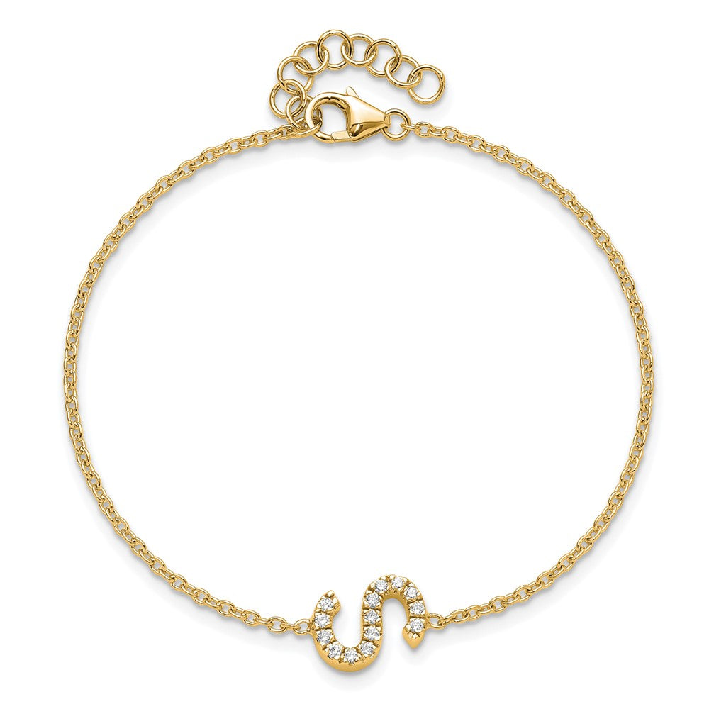 14k Yellow Gold Natural Diamond Sideways Letter S w/ 1in ext. Bracelet