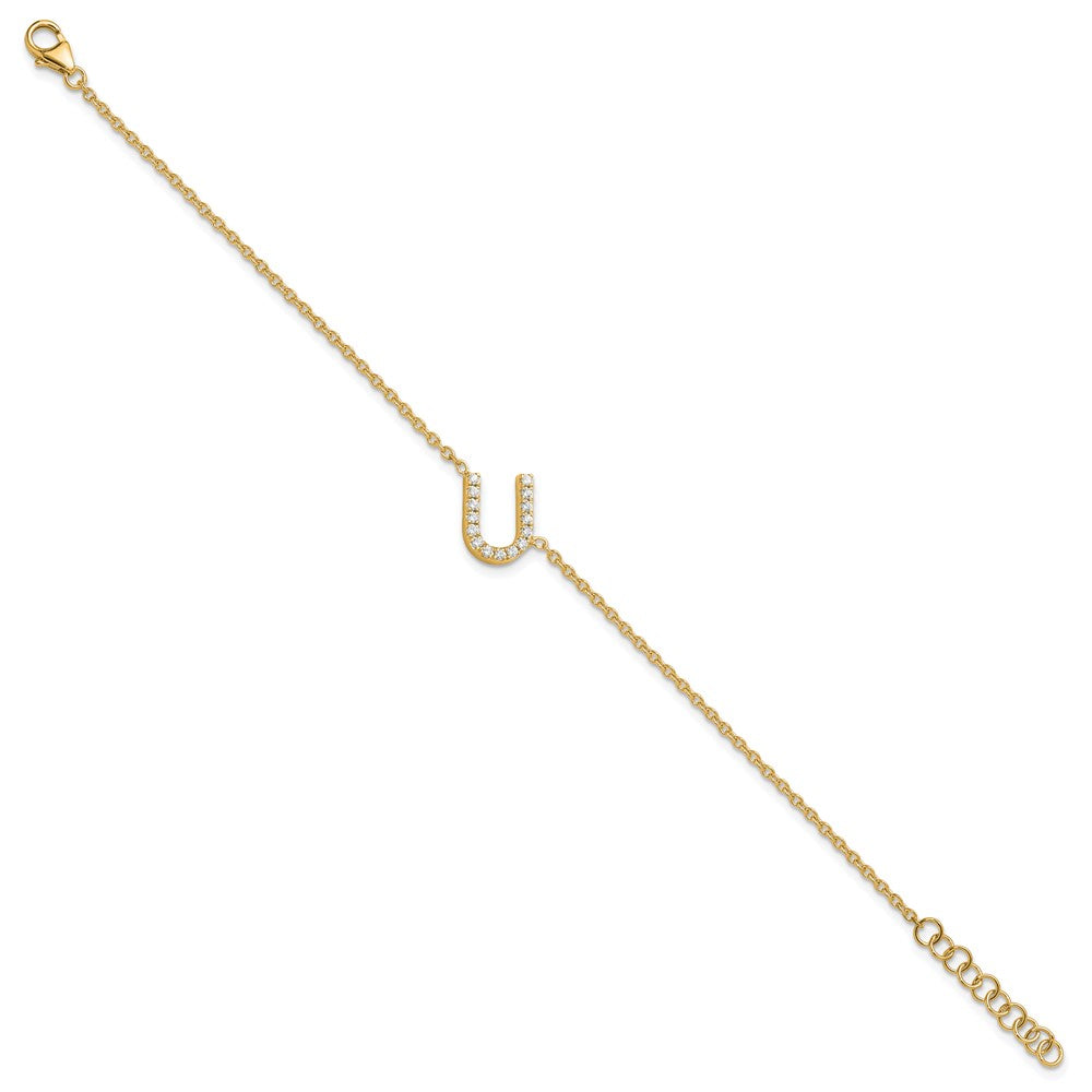 14k Yellow Gold Natural Diamond Sideways Letter U w/ 1in ext. Bracelet