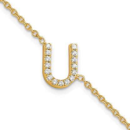 14k Yellow Gold Natural Diamond Sideways Letter U w/ 1in ext. Bracelet