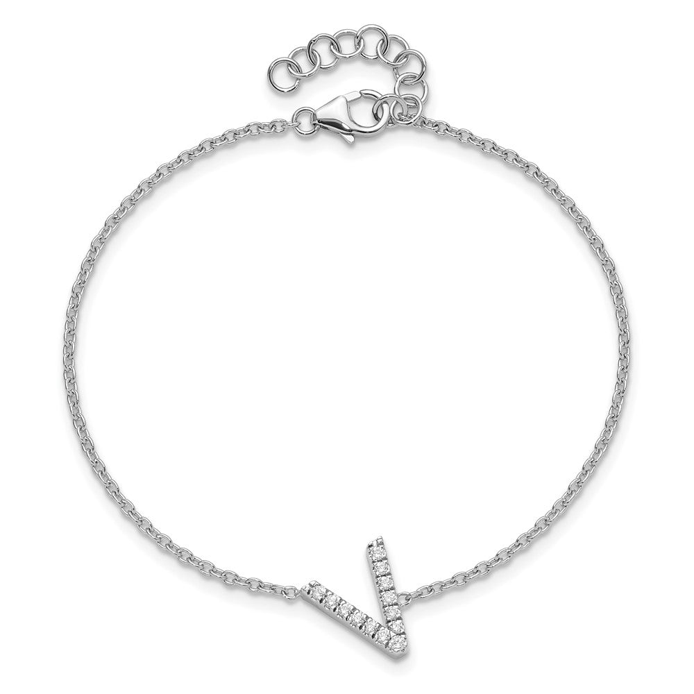 14KW Natural Diamond Sideways Letter V w/ 1in ext. Bracelet