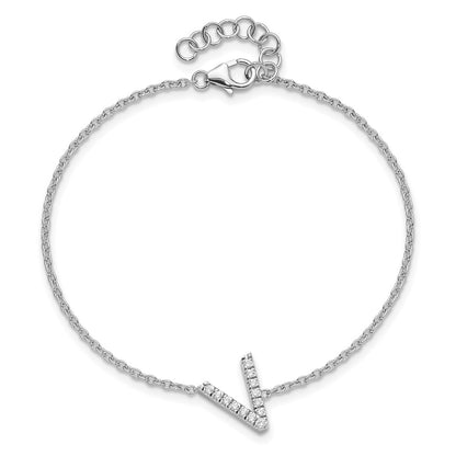 14KW Natural Diamond Sideways Letter V w/ 1in ext. Bracelet