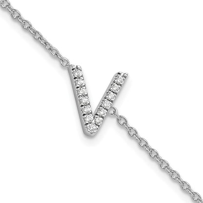 14KW Natural Diamond Sideways Letter V w/ 1in ext. Bracelet