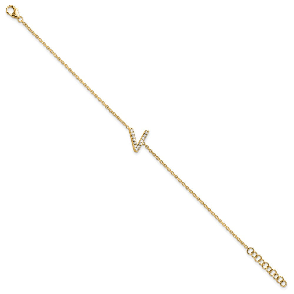 14k Yellow Gold Natural Diamond Sideways Letter V w/ 1in ext. Bracelet