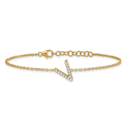 14k Yellow Gold Natural Diamond Sideways Letter V w/ 1in ext. Bracelet