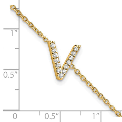 14k Yellow Gold Natural Diamond Sideways Letter V w/ 1in ext. Bracelet