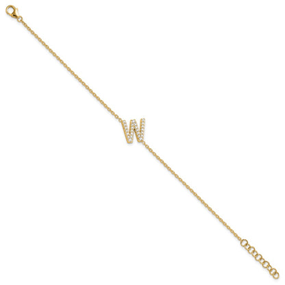 14k Yellow Gold Natural Diamond Sideways Letter W w/ 1in ext. Bracelet