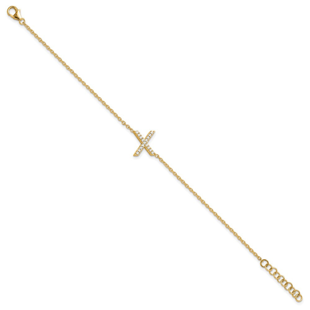 14k Yellow Gold Natural Diamond Sideways Letter X w/ 1in ext. Bracelet