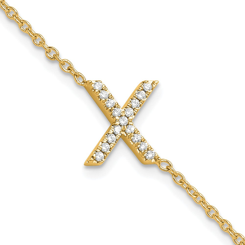 14k Yellow Gold Natural Diamond Sideways Letter X w/ 1in ext. Bracelet