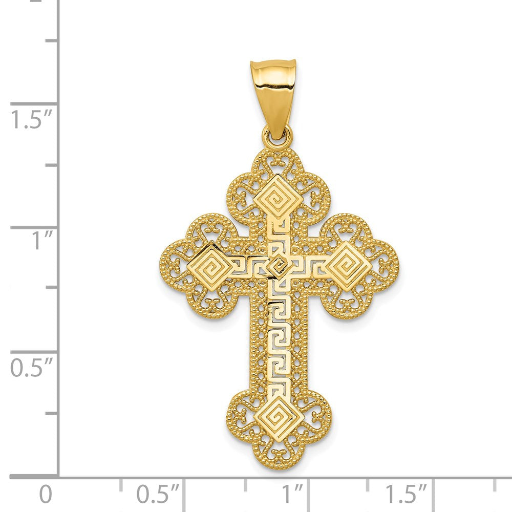 14k Yellow Gold Budded Greek Key Cross Pendant