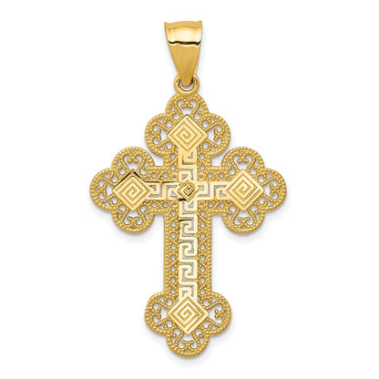14k Yellow Gold Budded Greek Key Cross Pendant