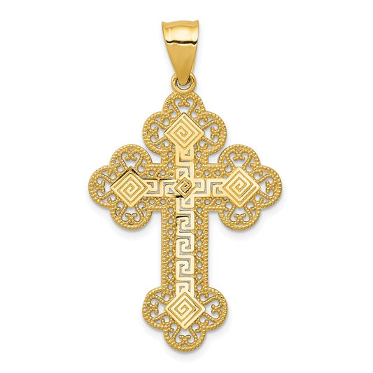 14k Yellow Gold Budded Greek Key Cross Pendant