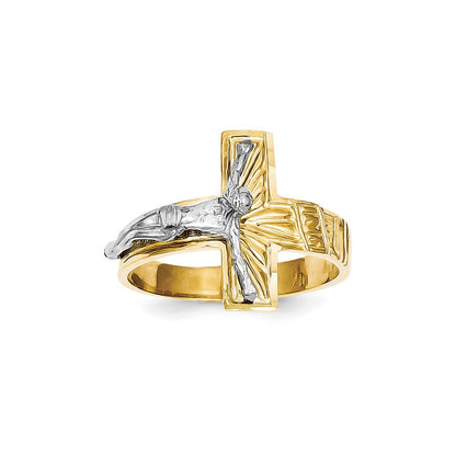 14k two tone gold polished diamond cut mens crucifix ring c2118