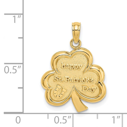 14k Yellow Gold Polished Solid Satin Happy St. Patricks Day Clover Charm