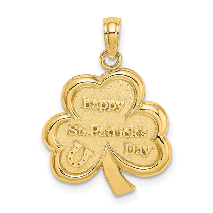 14k Yellow Gold Polished Solid Satin Happy St. Patricks Day Clover Charm