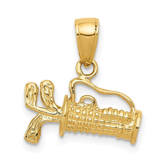 14k Yellow Gold Solid Polished 3-D Golf Bag With Clubs Charm