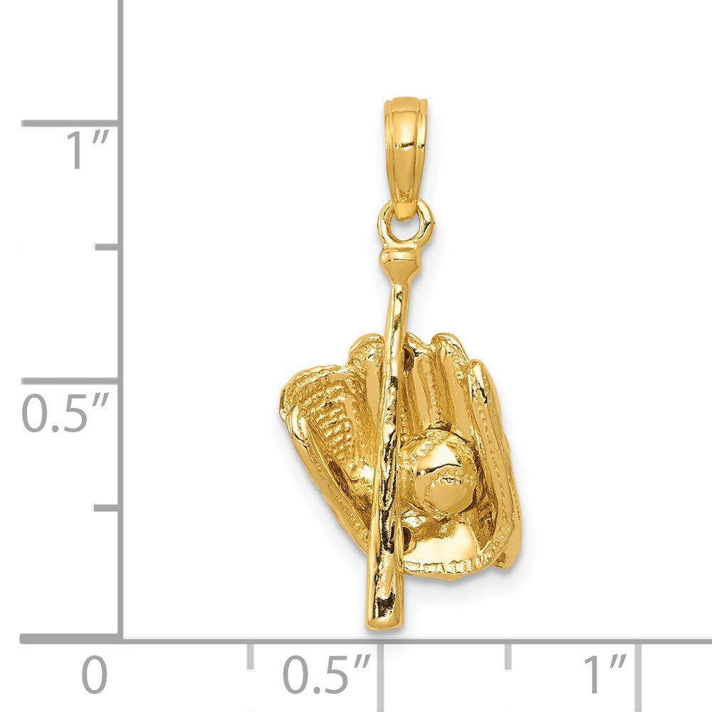 14k Yellow Gold Polished 3-D Glove/Bat/Baseball Pendant