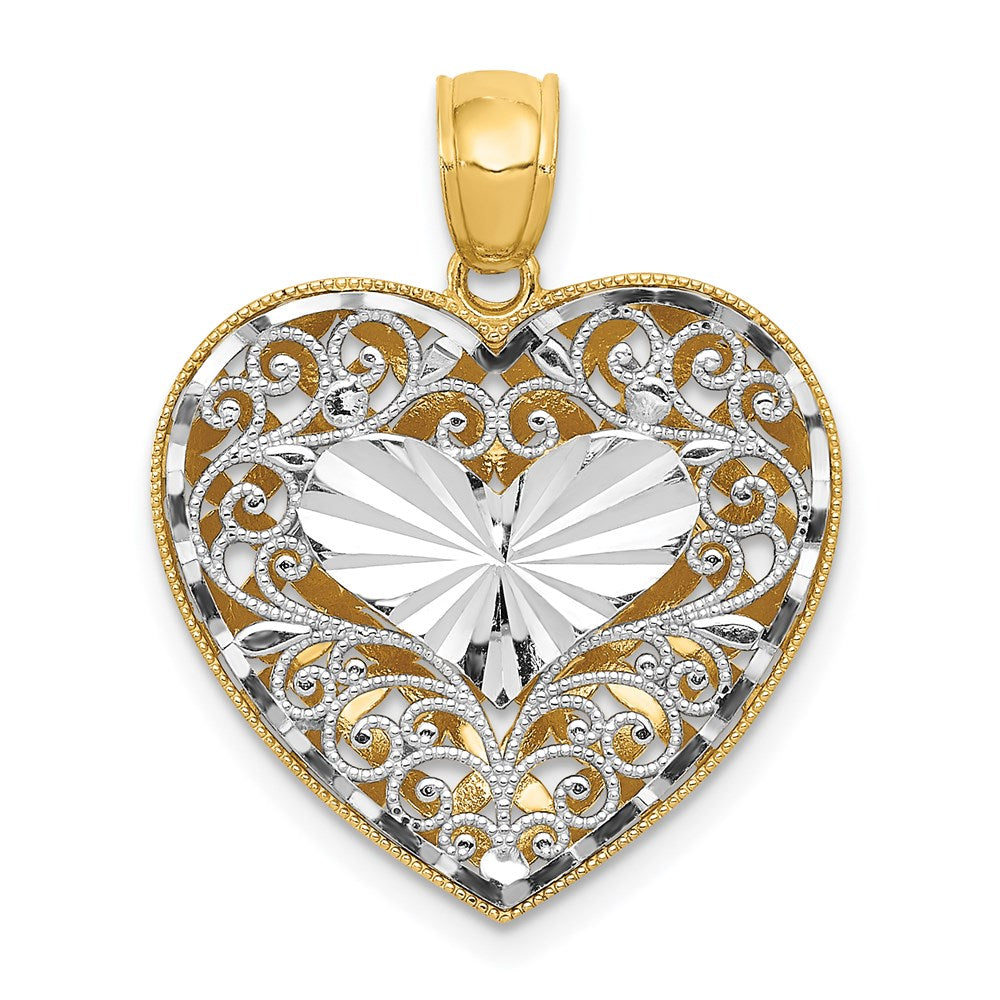 14k Two-tone Gold Polished Reversible Diamond-cut Filigree Heart Pendant
