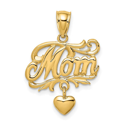 14k Yellow Gold MOM w/ Dangling Heart Charm
