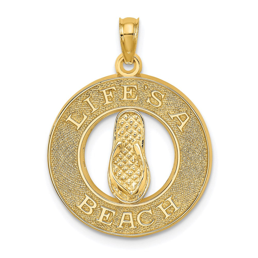14k Yellow Gold LIFES A BEACH Circle W/Flip-Flop Charm