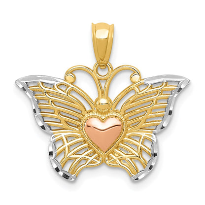 14k Two-tone Gold w/White Rhodium Butterflyw/Heart Pendant