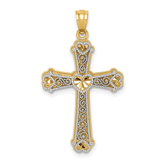 14k Two-tone Gold Hearts Cross Pendant