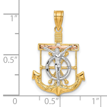 14k Tri-Color Gold Diamond-cut w/Textured Mariner's Cross Pendant