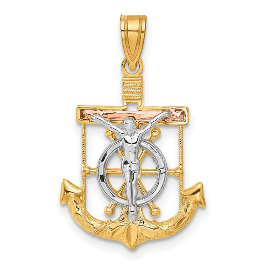14k Tri-Color Gold Diamond-cut w/Textured Mariner's Cross Pendant