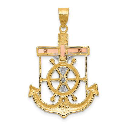 14k Tri-Color Gold Diamond-cut w/Textured Mariner's Cross Pendant