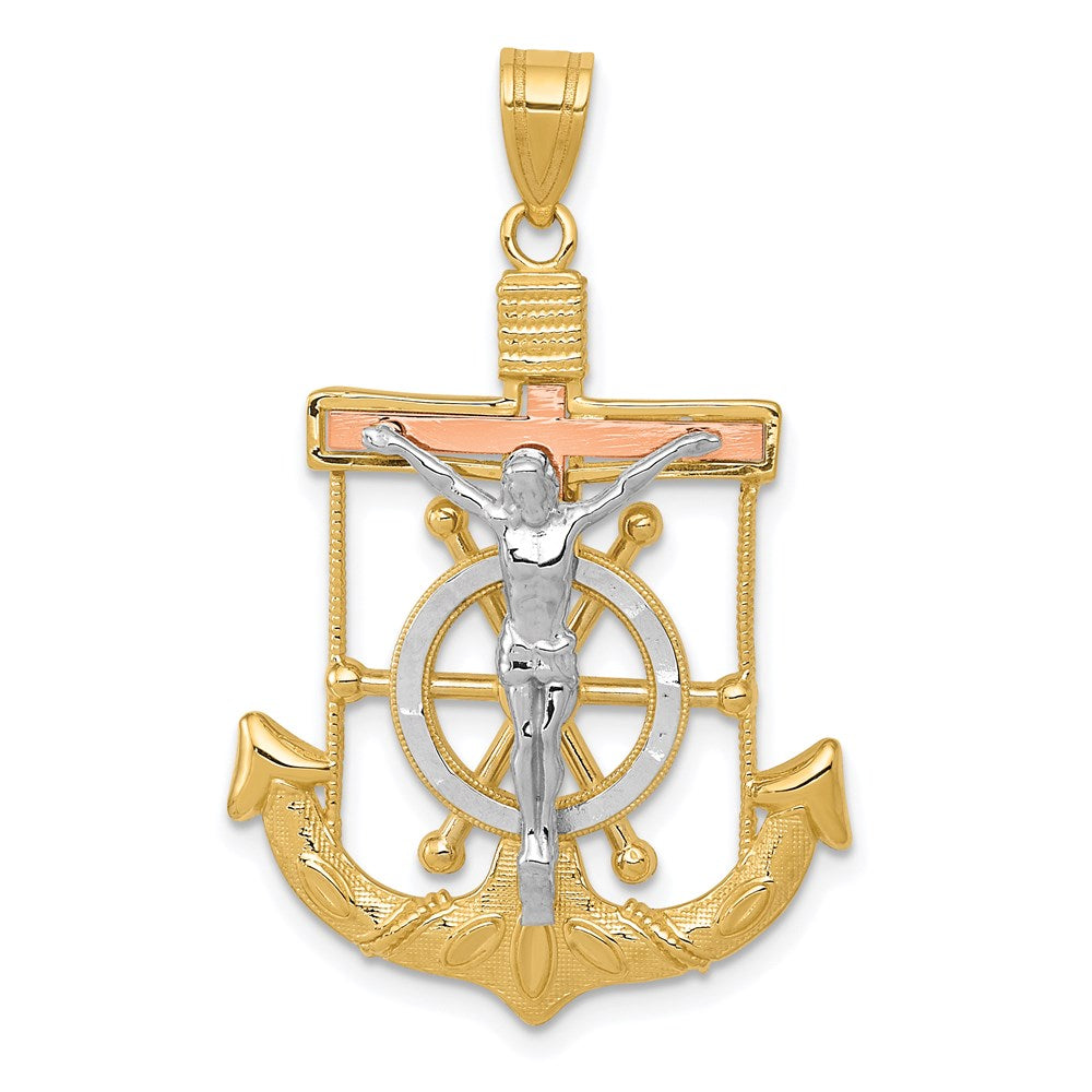 14k Tri-Color Gold Diamond-cut w/Textured Mariner's Cross Pendant