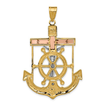 14k Tri-Color Gold Diamond-cut w/Textured Mariner's Cross Pendant