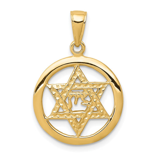 14k Yellow Gold Jewish Chai In Star Of David Pendant
