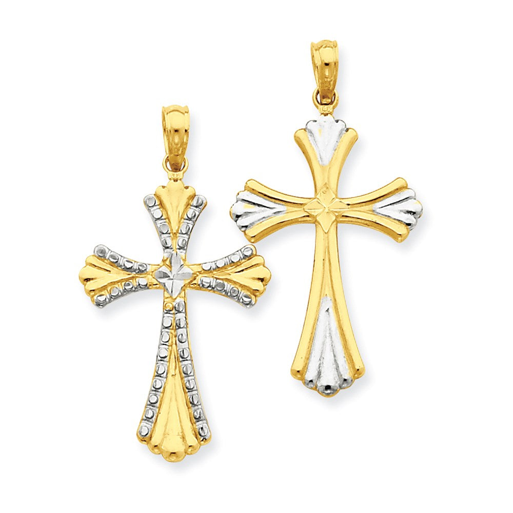 14k Yellow & Rhodium Gold w/Rhodium Diamond-cut Reversible Cross Pendant