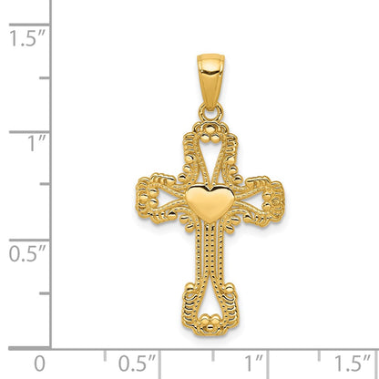 14k Yellow Gold Beaded Cross with Heart Pendant