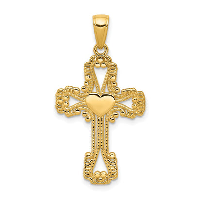 14k Yellow Gold Beaded Cross with Heart Pendant