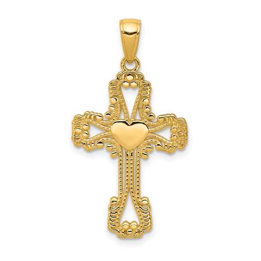 14k Yellow Gold Beaded Cross with Heart Pendant
