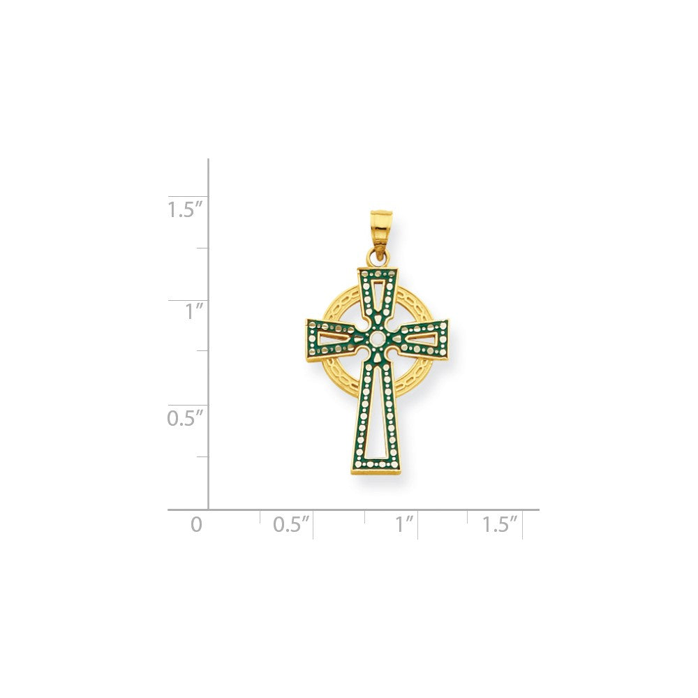 14k Yellow Gold Green & White Enameled Diamond-cut Celtic Cross Pendant