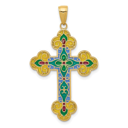 14k Yellow Gold Acrylic Flower Center Budded Cross Pendant