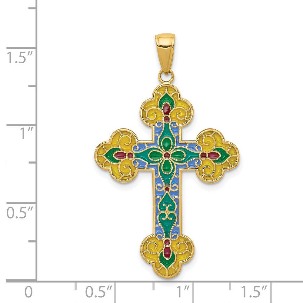 14k Yellow Gold Acrylic Flower Center Budded Cross Pendant