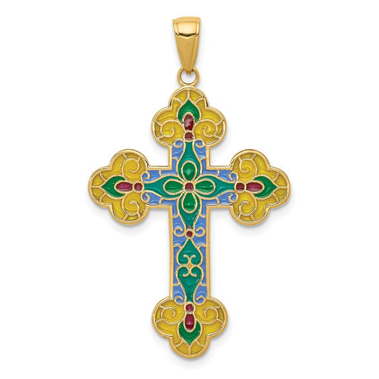 14k Yellow Gold Acrylic Flower Center Budded Cross Pendant