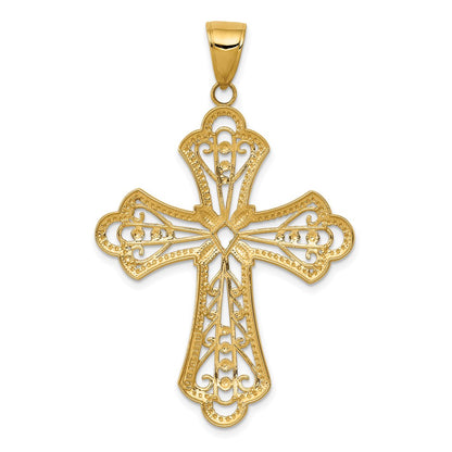 14k Yellow & Rhodium Gold w/Rhodium Diamond-cut Filigree Cut-out Cross Pendant