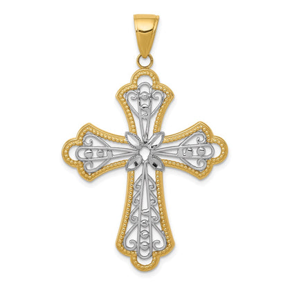 14k Yellow & Rhodium Gold w/Rhodium Diamond-cut Filigree Cut-out Cross Pendant