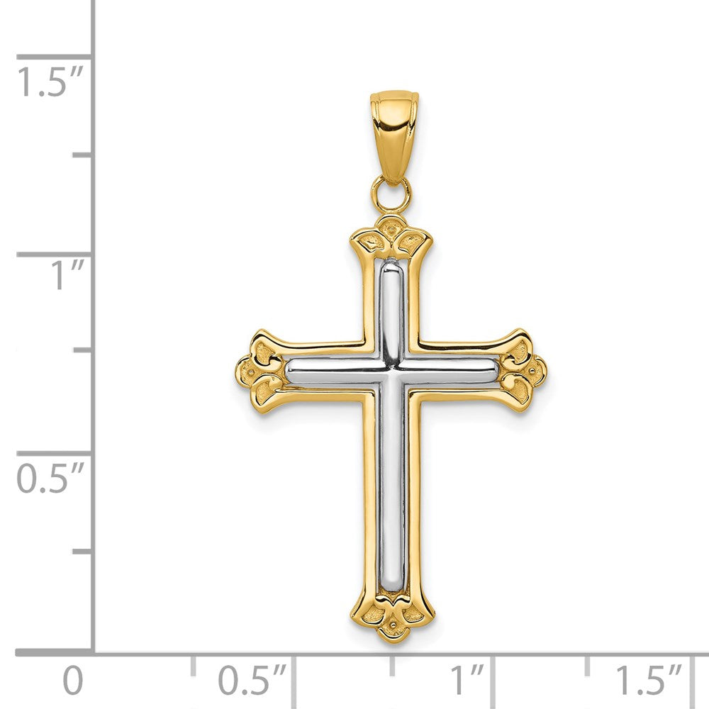 14k Yellow & Rhodium Gold w/Rhodium Budded Yellow Cross Frame Pendant