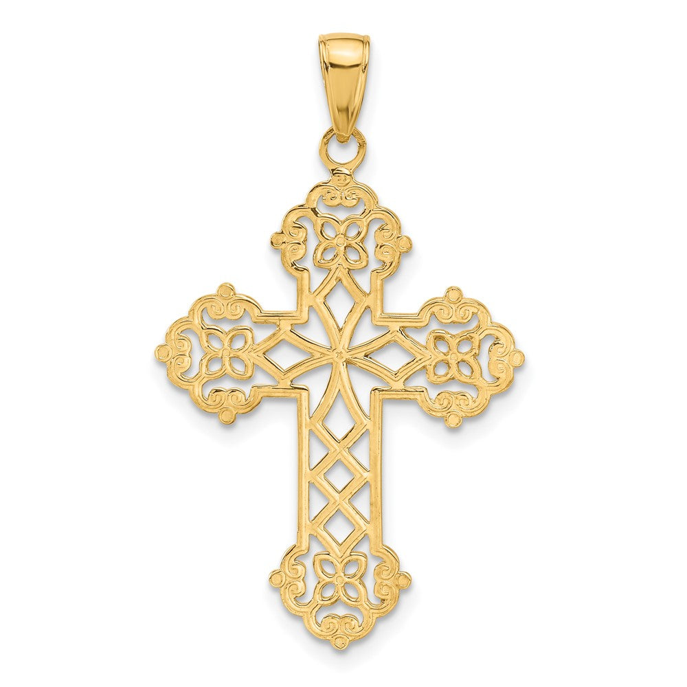 14k Yellow Gold Lacey Budded Cross Pendant
