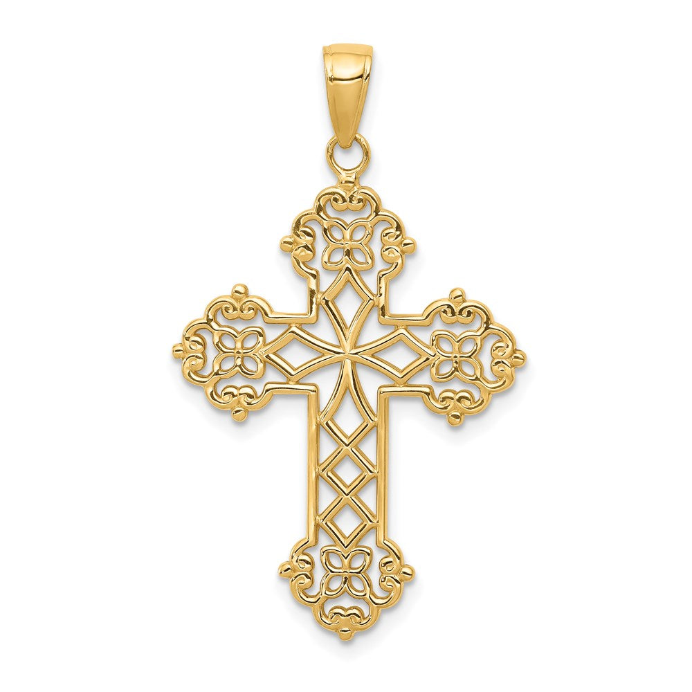 14k Yellow Gold Lacey Budded Cross Pendant