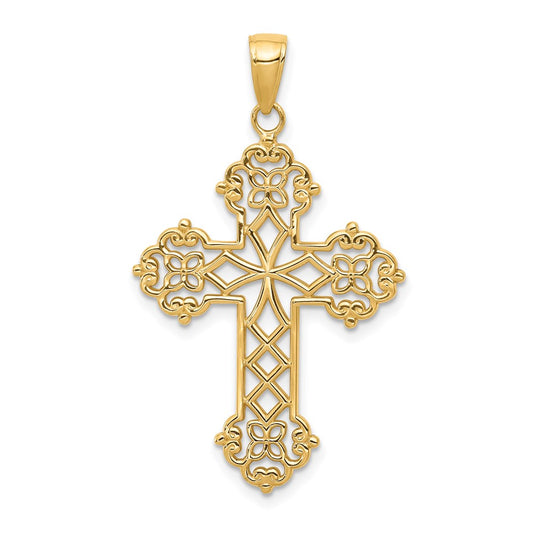 14k Yellow Gold Lacey Budded Cross Pendant