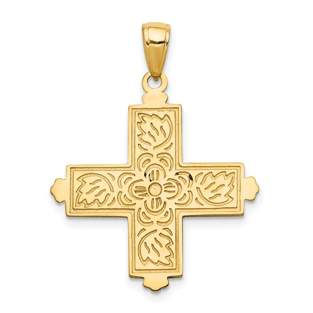 14k Yellow Gold Etched Square Cross w/Crown Tips Pendant