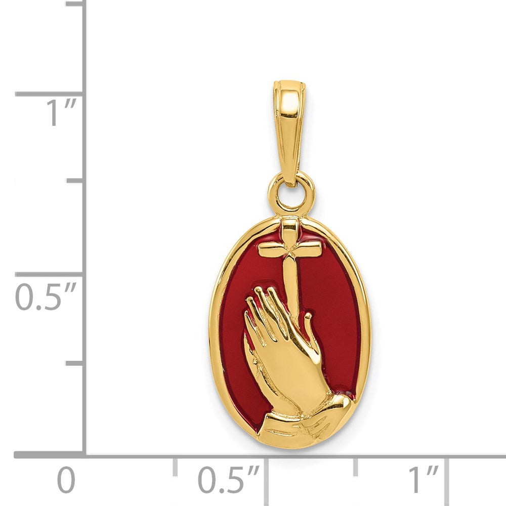 14k Yellow Gold Red Enamel Praying Hands and Cross Pendant